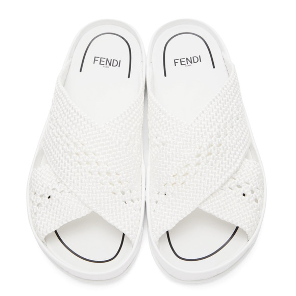 Fendi White Criss Cross Woven Logo Mule Slide Slip On Flat Flip Flop Sandal 35.5 - Picture 7 of 12